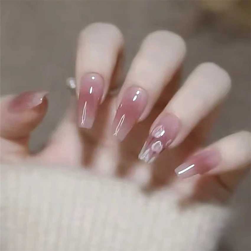 24 pieces/set long ballet wearing fake nail art pink and white pasted on nails artificial nail products for girls and professionals W240810