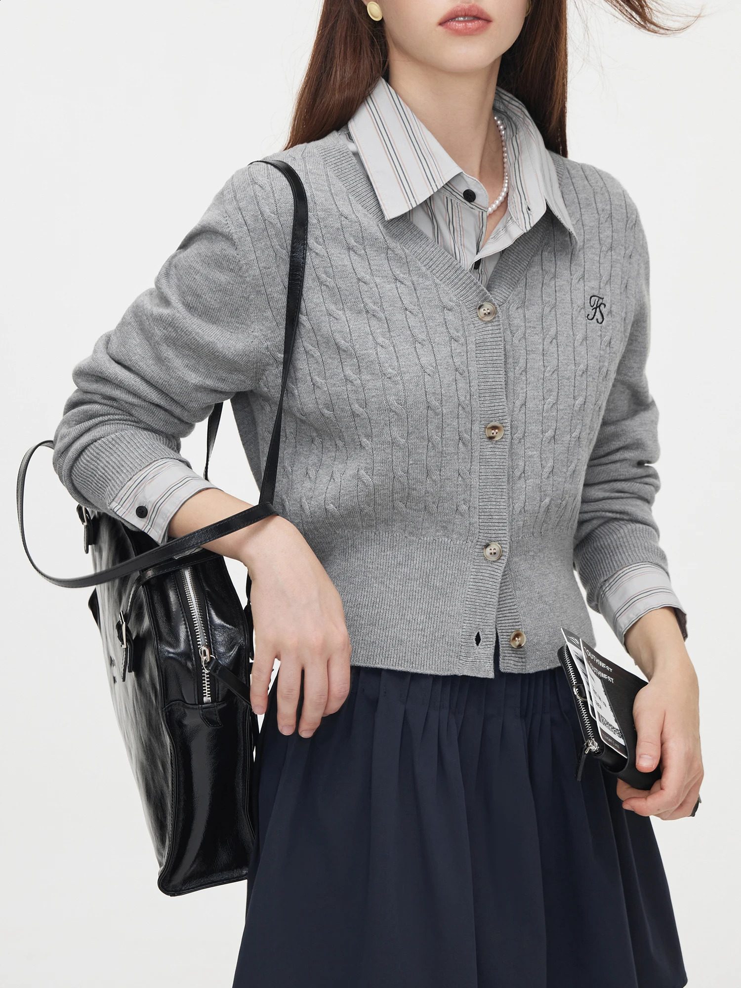 FSLE Women Grey Sweater Cardigans V-neck Single Breasted Office Lady Autumn Short Knitted Long Sleeve Coats 24FS13163 240812