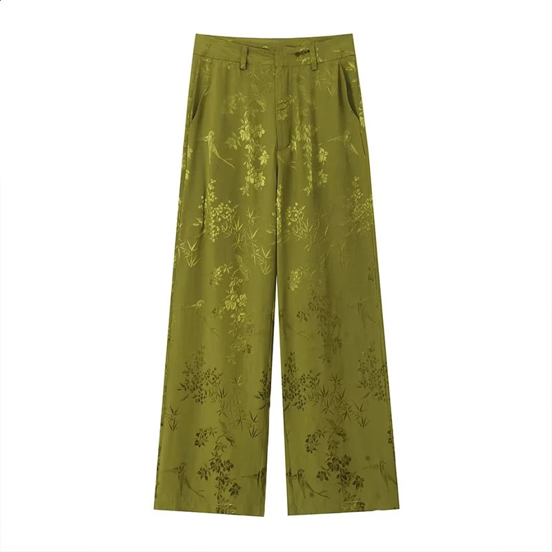 Willshela Women Fashion 2 Piece Set Green Printed Blazer With Bow Vintage Front Zipper Trousers Feamle Chic Lady Pants Sets 240812