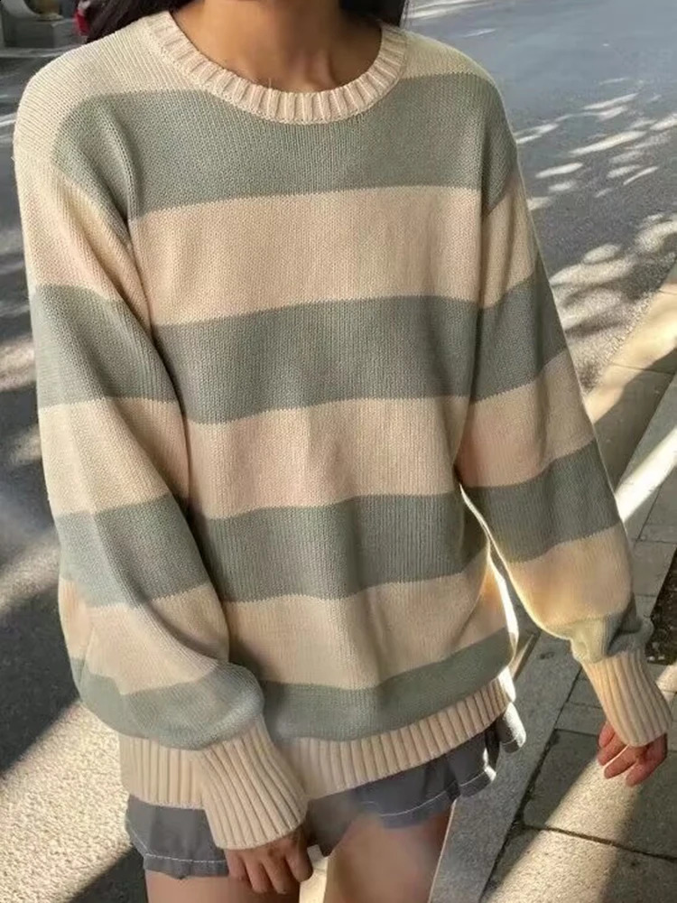 Vintage Striped Knit Loose Sweaters Women Preppy Style Soft Cotton Long Sleeve Sweater Female Spring Cute Oversize Tops 240812