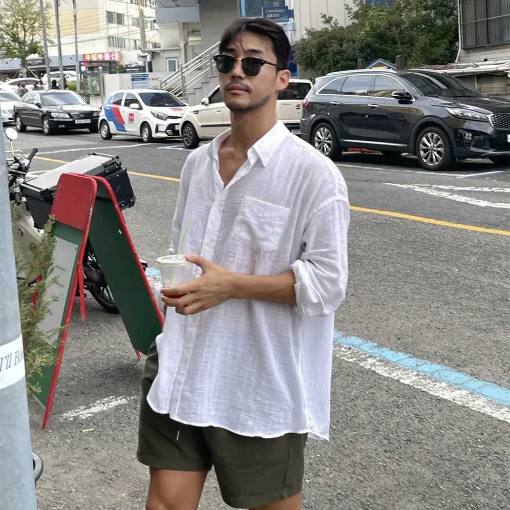 Unisex Oversized Linen Shirt Coat Mens Long Sleeve Casual Loose Fit Fashion Japanese Korean Style Sun Protection ClothingXJ240812