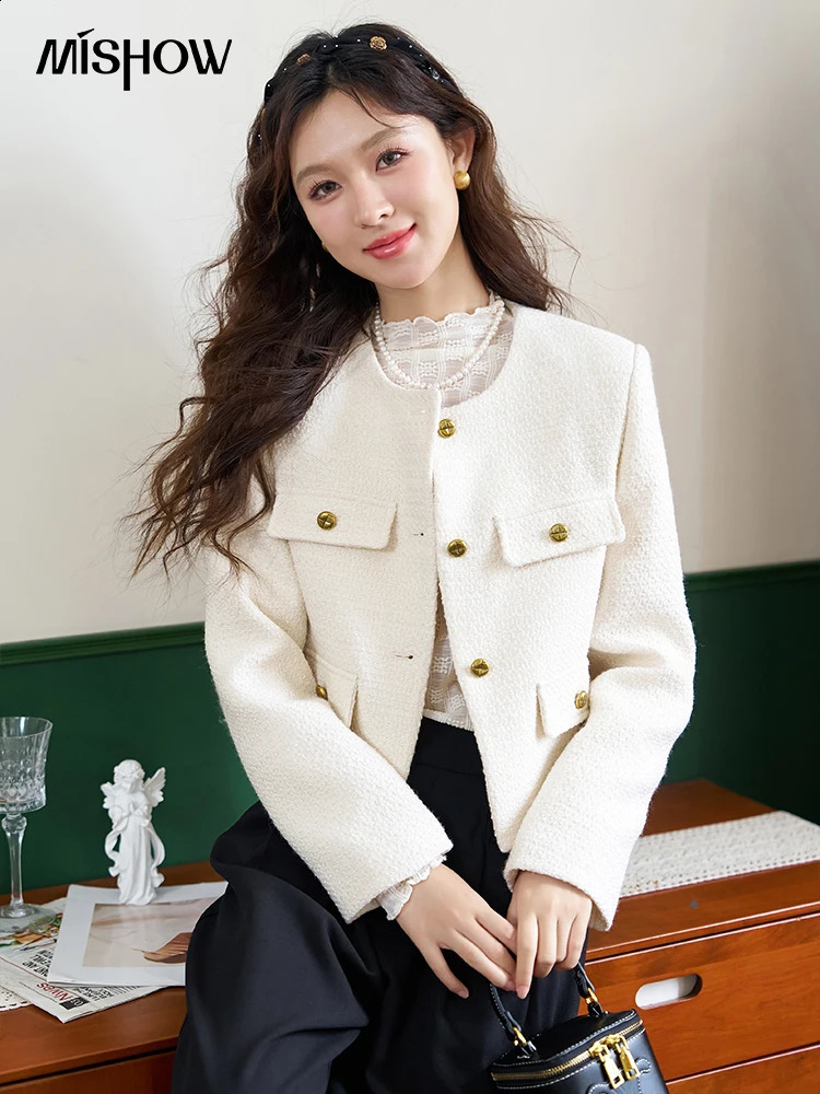 MISHOW Womens Wool Blend Tweed Short Coat Spring Autumn Woolen Cropped Sweet Solid Jacket Elegant Temperament Tops MXC44W0073 240812