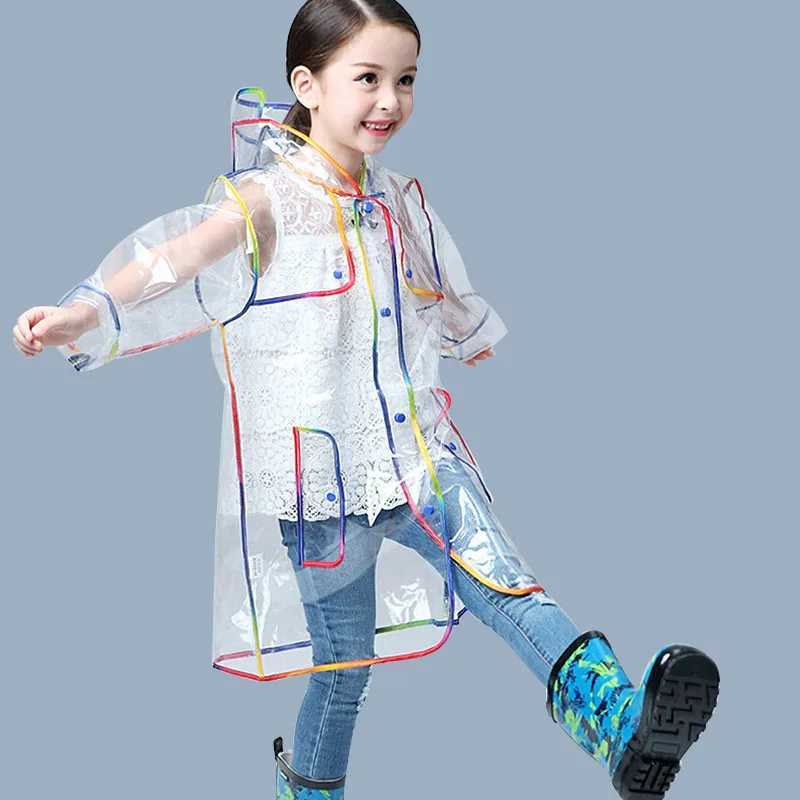 Transparent Rainbow Edge Kids Raincoat Waterproof EVA Children Rain Coat Windproof Rain Jacket Poncho Hat Kindergarden Rain Gear Y240810
