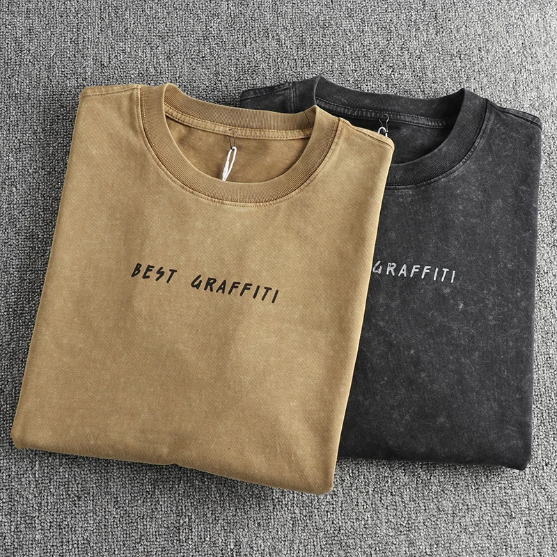 Simple letter printing American retro trend loose long-sleeved T-shirt men heavy old wash cotton base shirt 240812