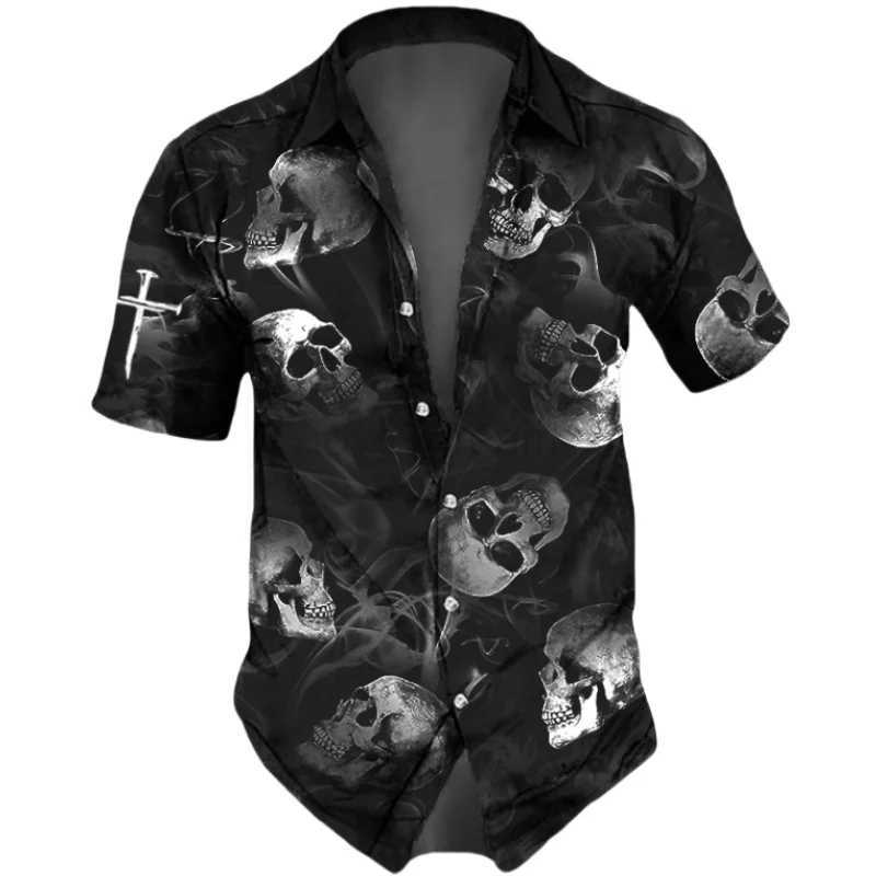 Horror Skulls Print Mens Shirts Summer Hip Hop Style Short Sleeve Lapel Shirts For Men Streetwear Hawaiian Beach Holiday ShirtXJ240812