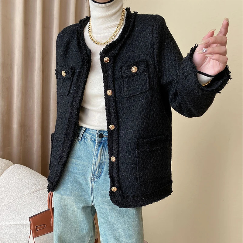 High-end Wool Blend Tweed Coat Women Simple Solid Single Breasted O-neck Elegant Long Sleeve Spring Autumn Jackets 240812
