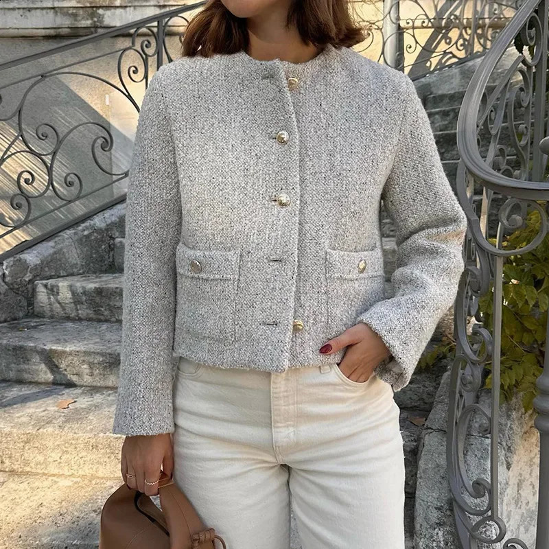 Elegant French Style Womens Jacket Cropped Single-breasted Round Neck For Autumn/winter Tweed Crossbody Fashion 240812