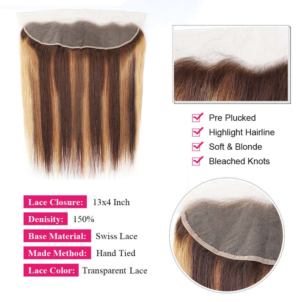 Highlight Only Straight Human Hair For Women Pre Plucked 13X4lace Frontal P4/27 Lace Closure 14-22Inch