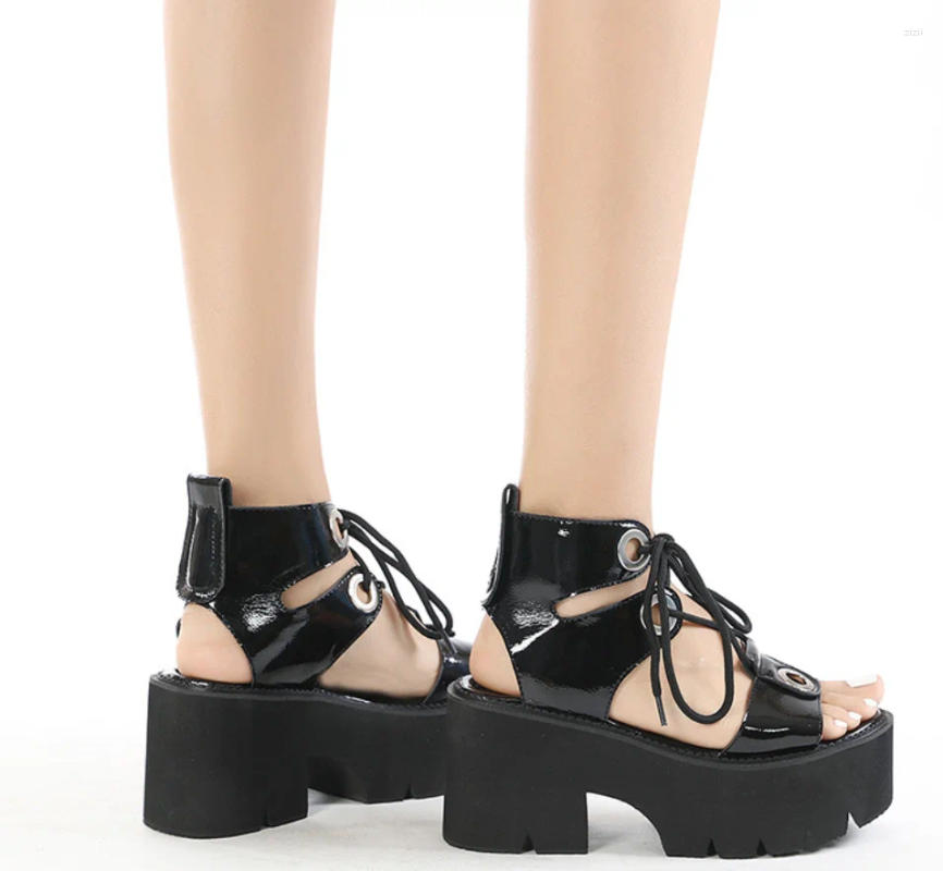 Sandals AIYKAZYSDL Lace Up Patent Leather Thick Sole Platform Wedge Heel New Shoes Creepers Women Gladiator Rome Punk