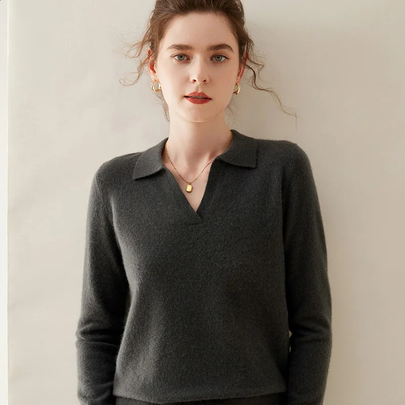Winter Pure Cashmere Knitted Pullover V-Neck Long Sleeve Cashmere Womens POLO Neck Sweater Top Womens Style 240812