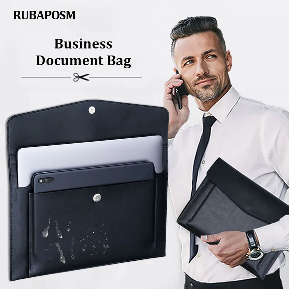 Free customized letter New A4 leather file folder business briefcase magnetic button waterproof laptop case office organizer 240810