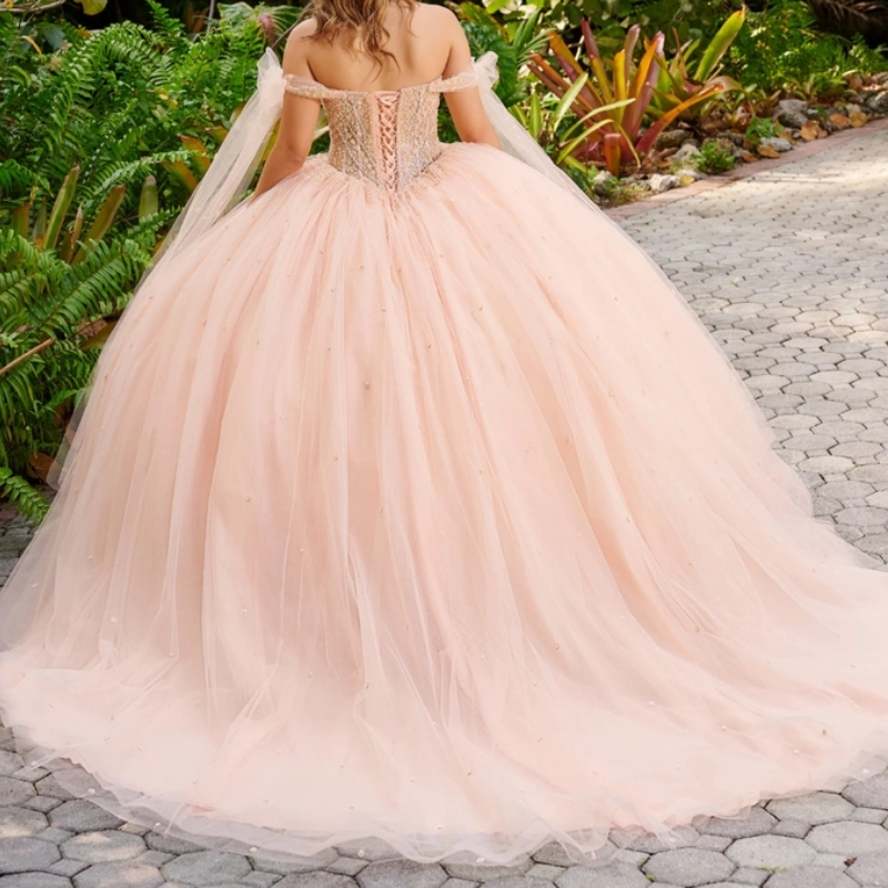 Champagne Quinceanera Dress Off The Shoulder Mexican Vestidos De 15 Beads Pearls Tull Princess Sweet 16 Birthday XV Ball Gown