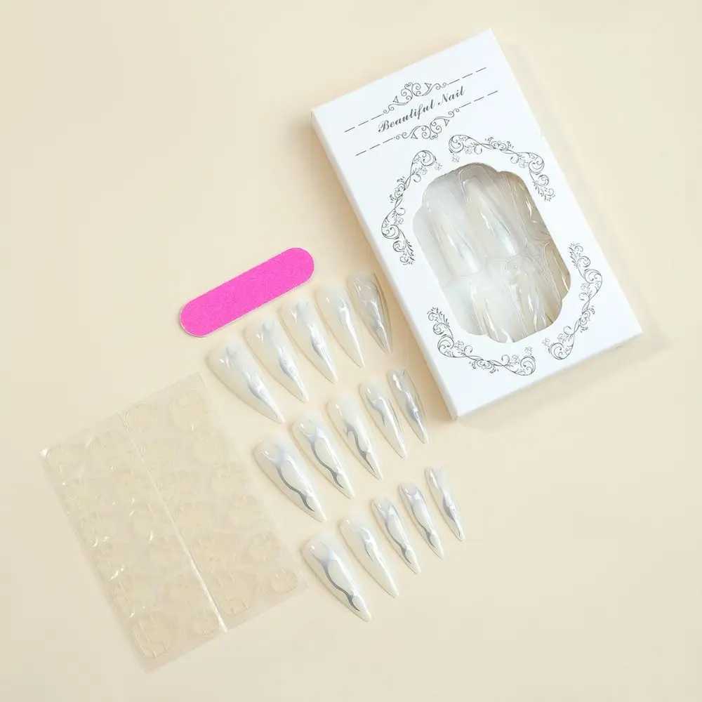 24 pieces of long thin high-heeled French fake nails mechanical silver black vine fake nails full cover press DIY detachable nails W240810