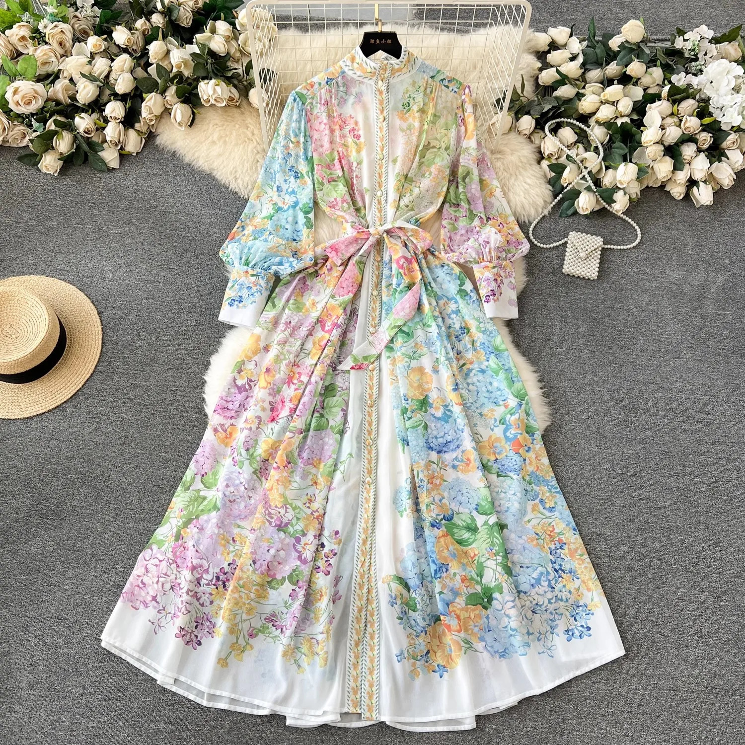 Fashion Runway Gorgeous Flower Holiday Chiffon Dress Women Stand Long Lantern Sleeve Floral Print Belt Lace Up Boho Robe Vestido 240812