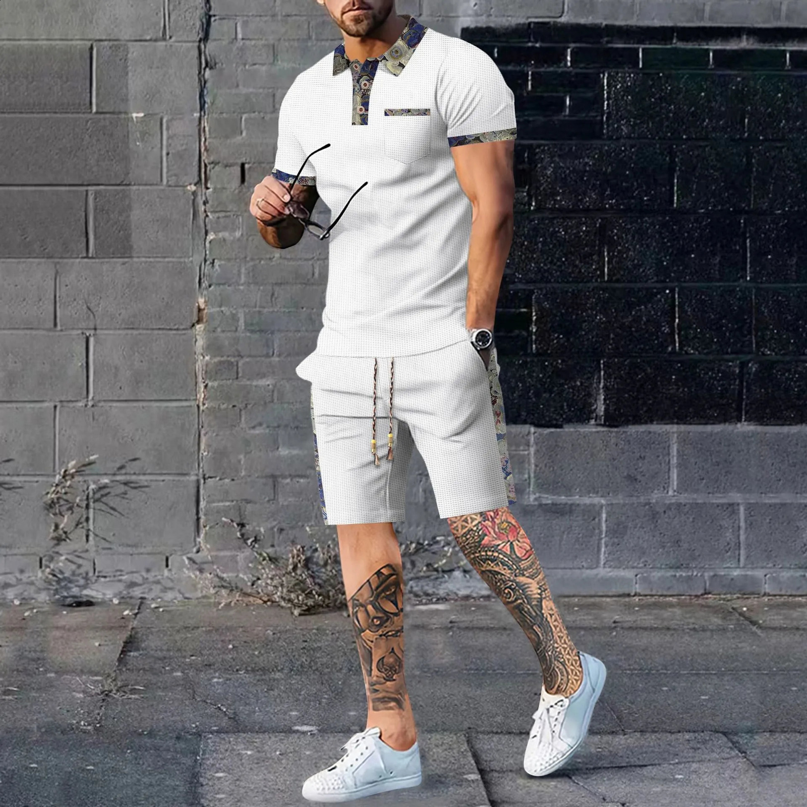 Mens latest summer two-piece pocket T-shirt top and patchwork bear shorts are selling worldwide 240812