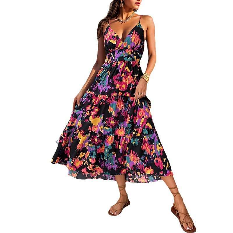 Solid 2024 Summer New Tiktok Skirt Print A-line Long Split Hanging Strap Open Back Dress Chiffon Floral Dress Self-cultivation Short Waist SKINNY DRES