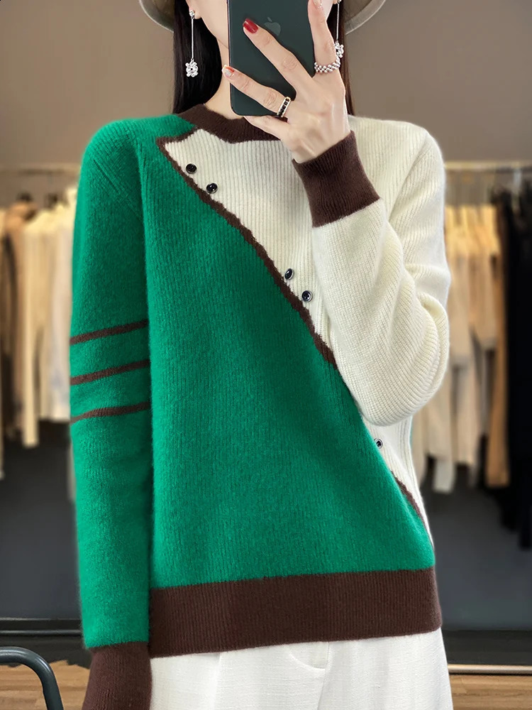 Autumn Winter 100% Wool Knitted Pullover Women O-Neck Color Match Sweater Long Sleeve Shirt Fashion Loose Warm Thick Tops 240812