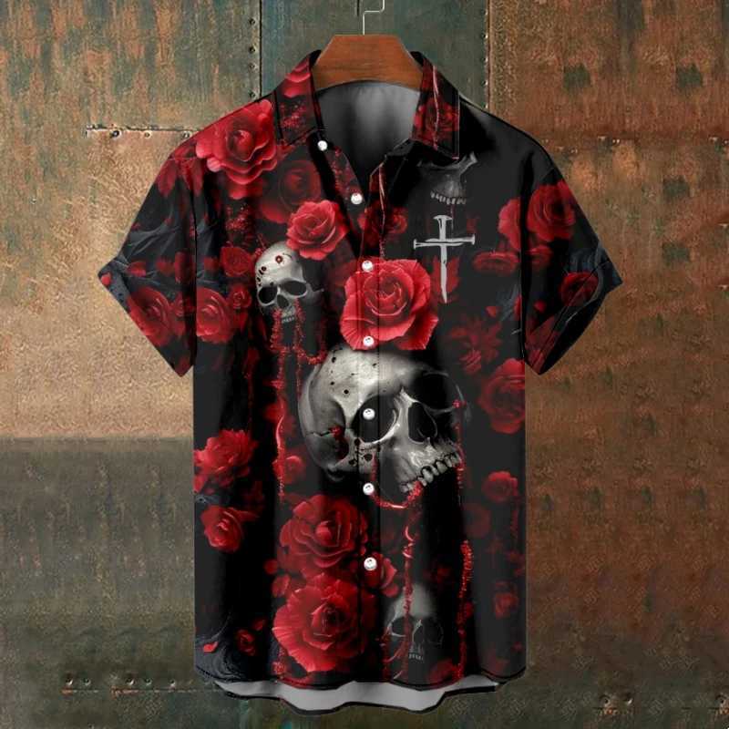 Summer Mens Skull Shirts Casual Short Sleeve Shirt For Men Black White Printed Mens Clothing Loose Oversized Lapel Shirts TopXJ240812