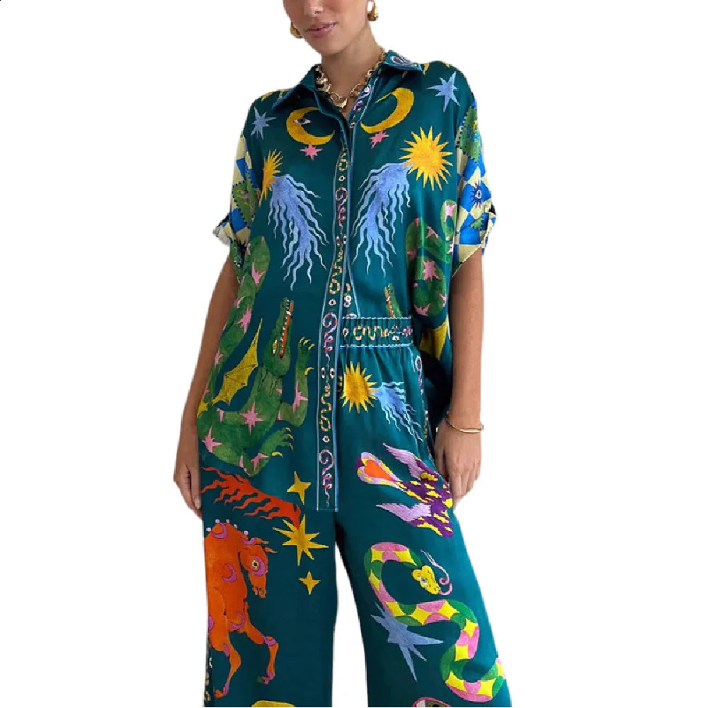 Women Printed Set Buttons Shirt Blouse Top Loose Long Pants 2 Pieces Set Lady Hawaii Spring Summer Casual Outfits Streetwear 240812