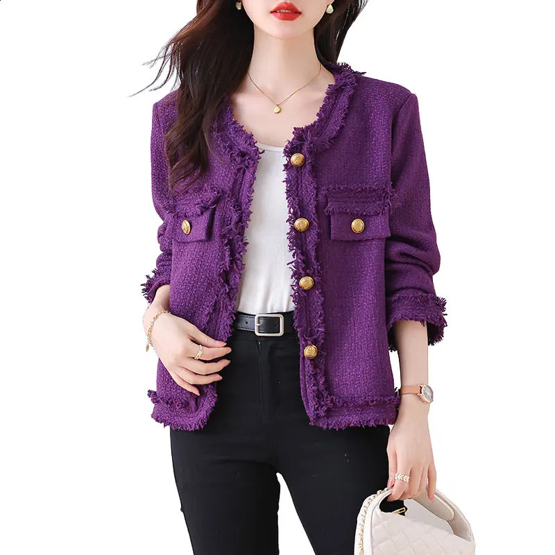 Purple long sleeved tweed womens coat autumn/winter tassel temperament small fragrant style top 240812