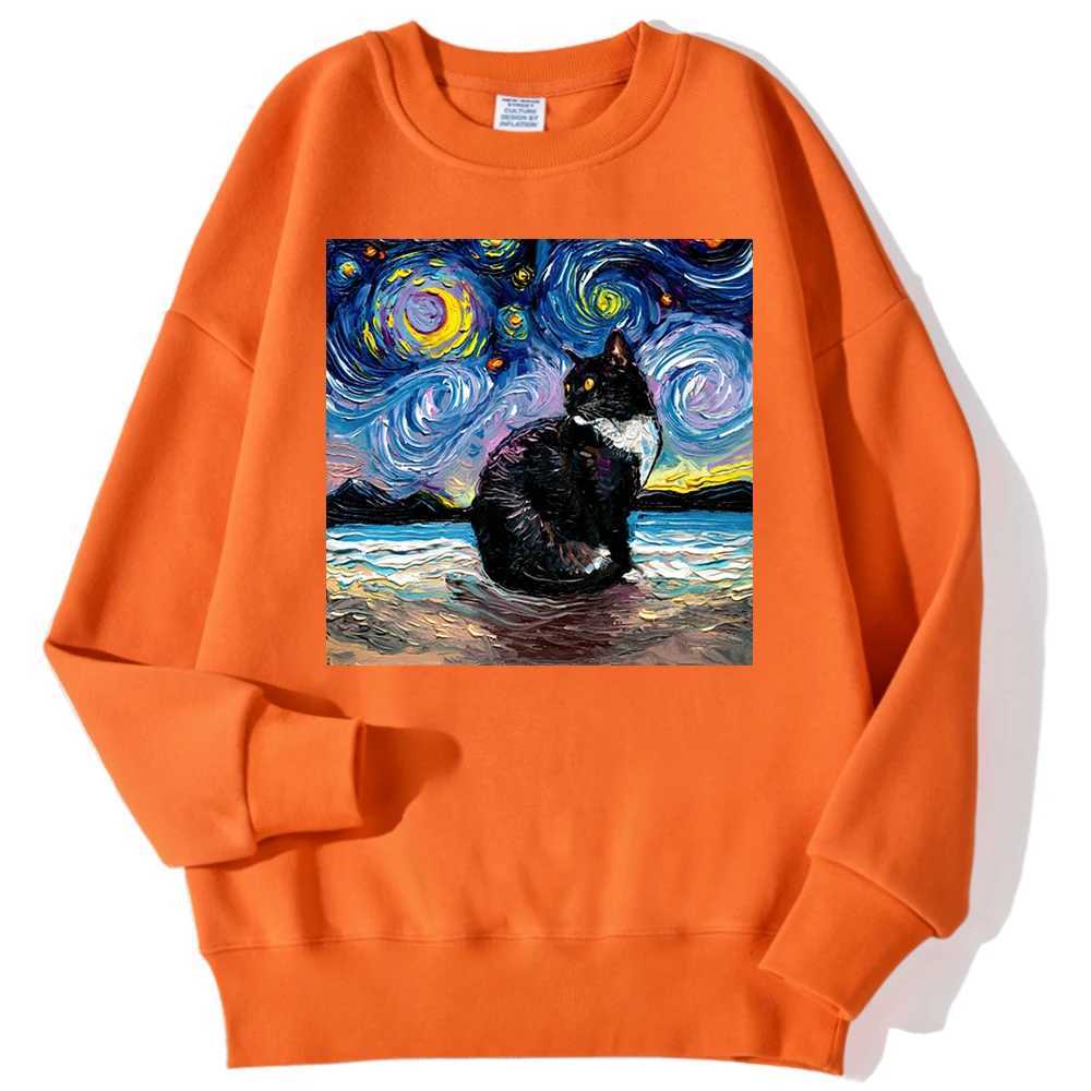 Cat Starry Sky Universe Prints Mens Sportswear Fashion Loose Autumn Hoodie Soft Wool Casual Zipper Simple O-neck DressW240724