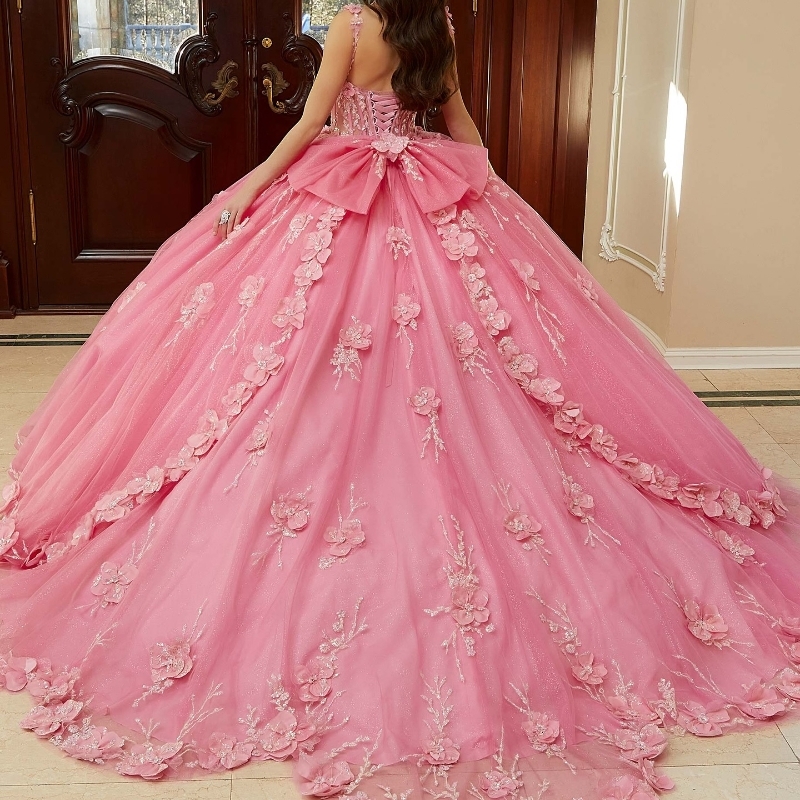 Luxury Pink Shiny Quinceanera Dress Sequin Beads Flower Bow 2025 Ball Gown Sweep 16 Train Party Birthday Vestido De 15 Anos