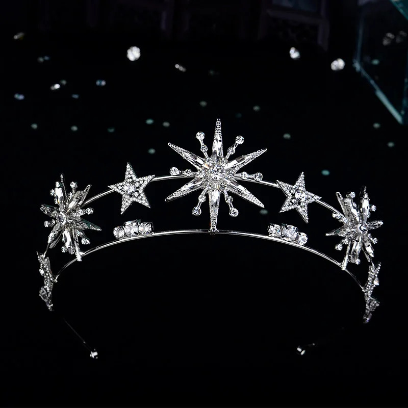 Vintage European 6-Point Star Wedding Crown Tiaras Gold Color Rhinestone Diadem Princess Women Headband Bridal Hair Accessories 240805