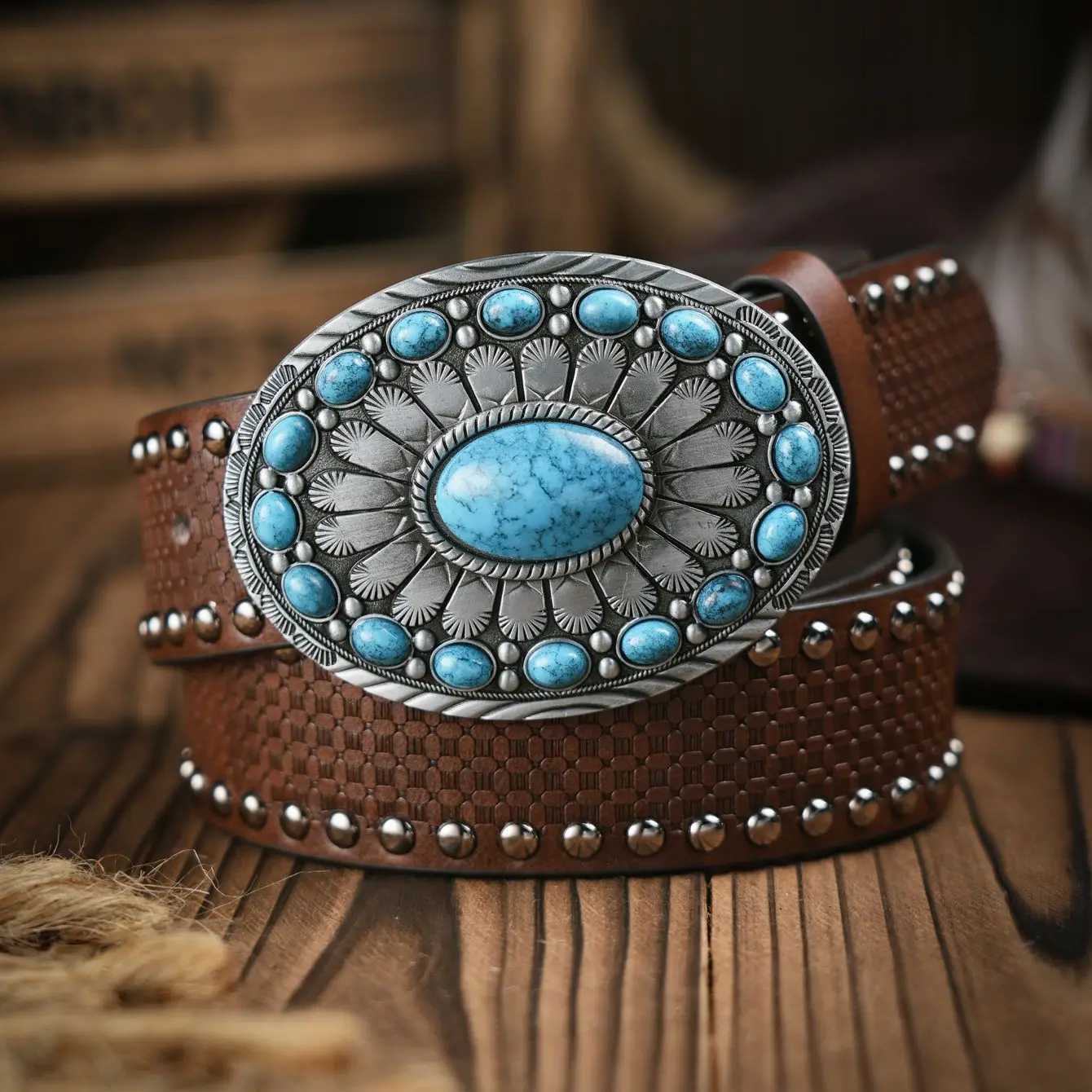 Belts Western style denim PU belt - mens belt with cow decoration floral jeans Y240810QYTH