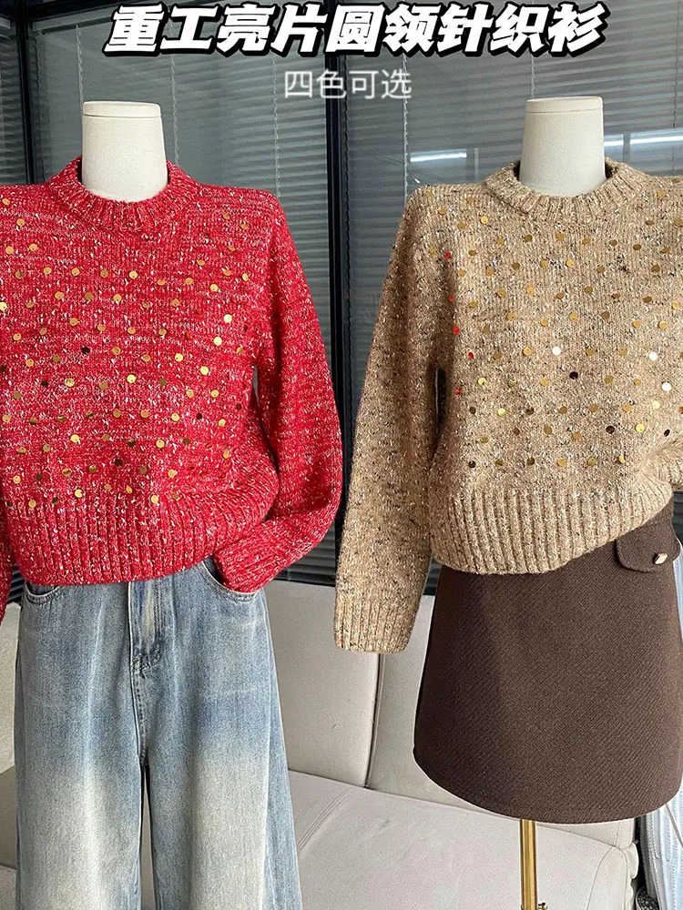 American Christmas Sequins Sweater Women Oversized Knitted Jumper Loose Korean Fashion Sweet Pullover High Quality Preppy Style 240812