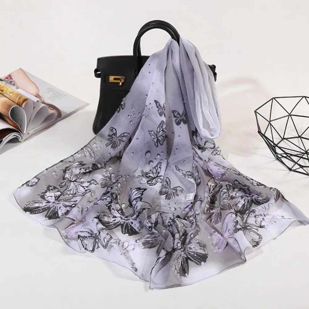 Fashionable synthetic silk scarf colorful chiffon shawl breathable summer butterfly printed long shawl packaged dress W240810
