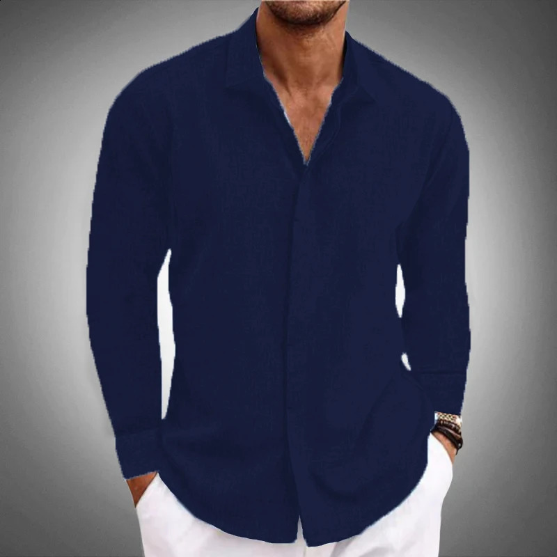 Mens casual Long sleeve shirt solid color lapel hidden button fashion comfortable high street top 240812