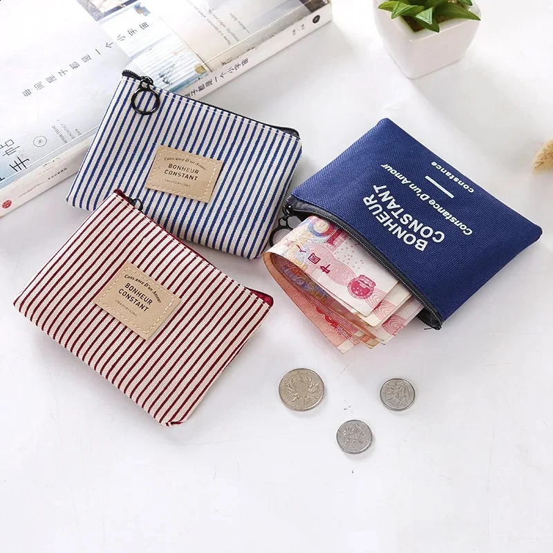 Cute Wallet Women Fabric Key Coin Purse Cartoon Square Mini Pouch Letter Striped Print Zipper Canvas Bags for Girls 240812