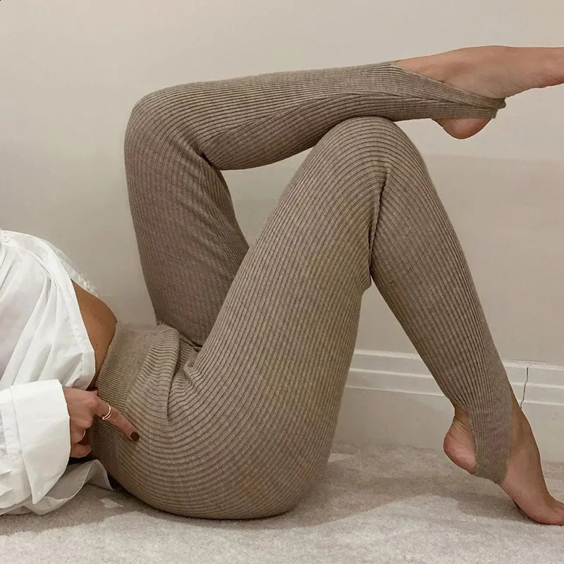 Beige Ribbed Knit Leggings Women High Waist Cotton Fitness Basic Pants Casual Spring All-Match Female Skinny Leggings 240812