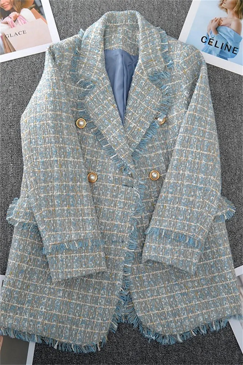 Large Size Womens Tweed Suit Spring Autumn Long Sleeve Vintage Double Breasted Tassel Loose Blazer Jacket Z888 240812