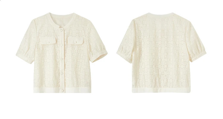 Sentubila Elegant Tweed Single Breasted Cropped Coat Woman Summer Light Apricot Round Neck Short Sleeve Top 142W54251 240812