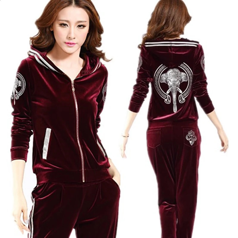 Velvet Tracksuit Women Two Piece Pants Set Sportswear Spring Fall Casual Zipper Hoodies JacketPants Jogging Suit Chandals 240812