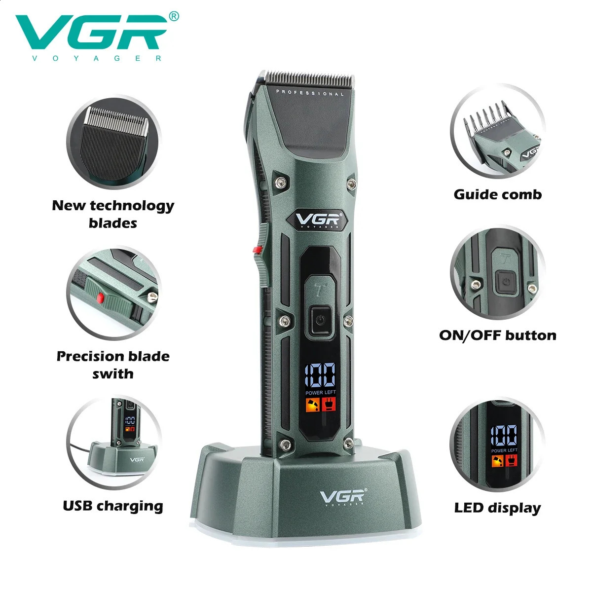 VGR Hair Clipper Professional Hair Trimmer Rechargeable Hair Cutting Machine Cordless with Charging Base Clipper for Men V-696 240806