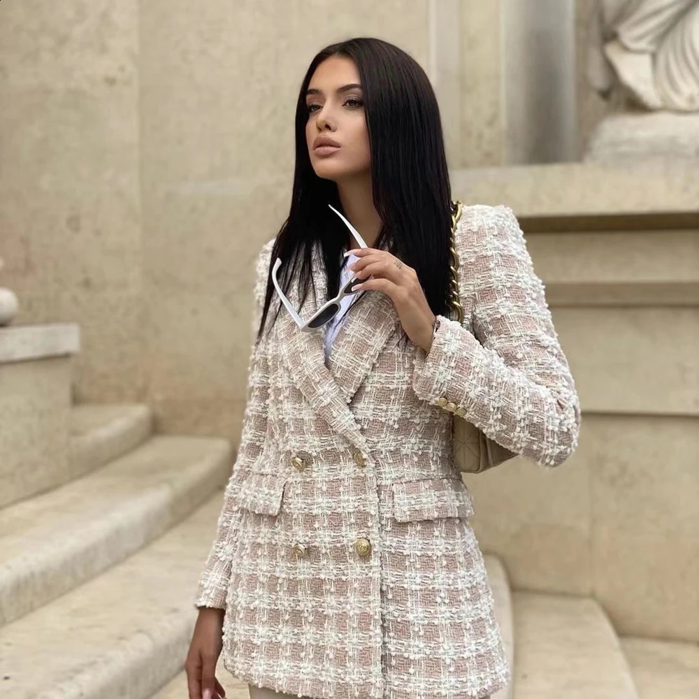 Ladies Vintage Plaid Tweed Double Breasted Spring Autumn Jacket Women Blazer Coat Pockets Female Outerwear Veste Blazer Femme 240812