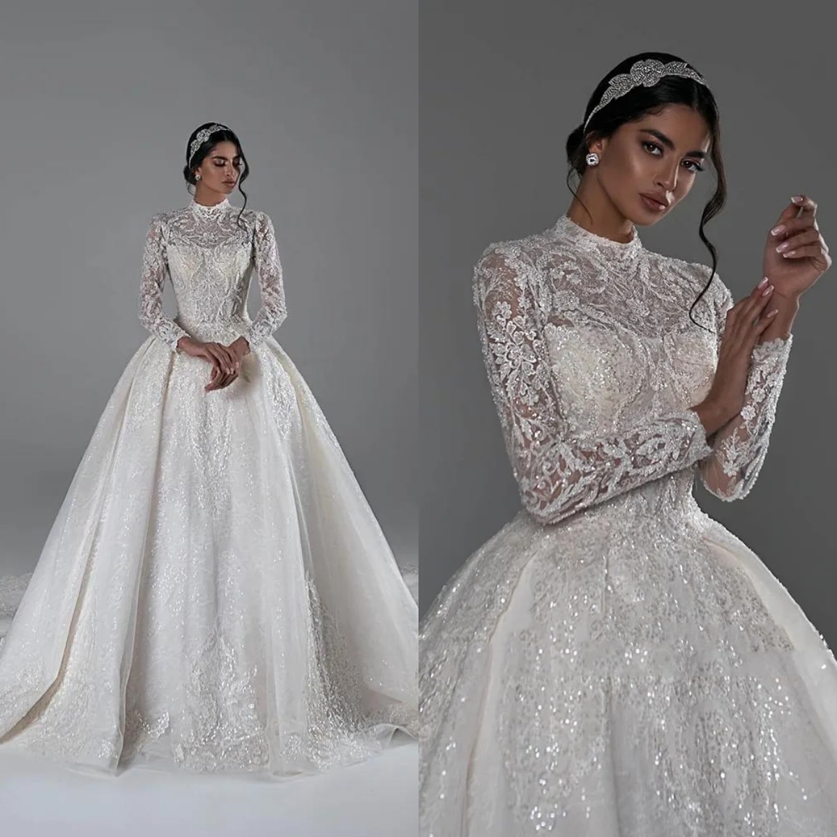 A-e Women Wedding High Neck Long Sleeves Bridal Gowns Lace Appliques Detachable Train Dress Custom Made vestidos de novia