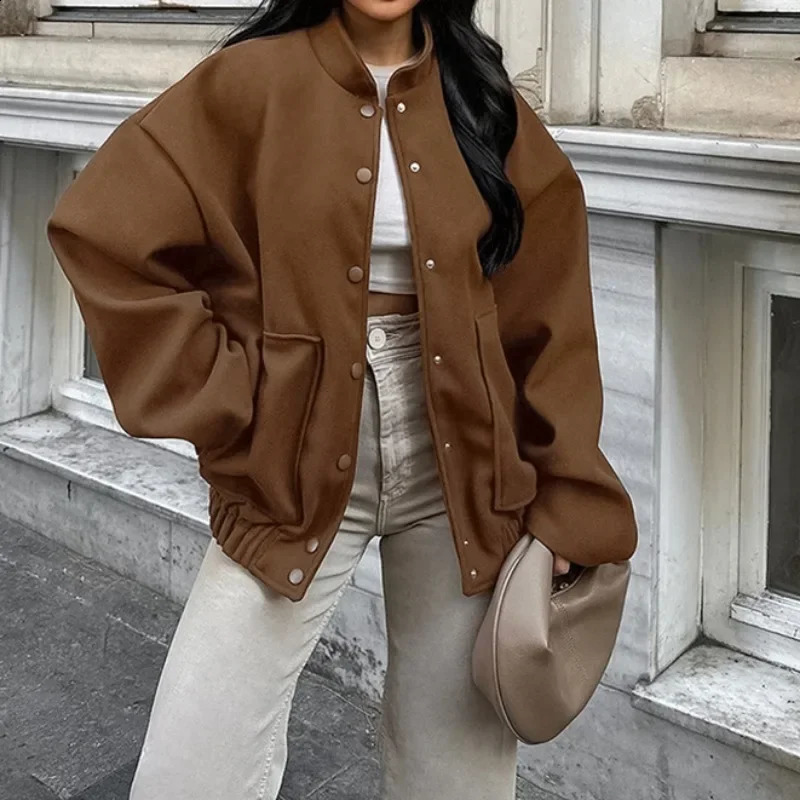 Womens Fashion Long Sleeve Brown Tweed Thick Coat Temperament Commuting Female Clothes Winter Women Elegant Loose Jacket 240812