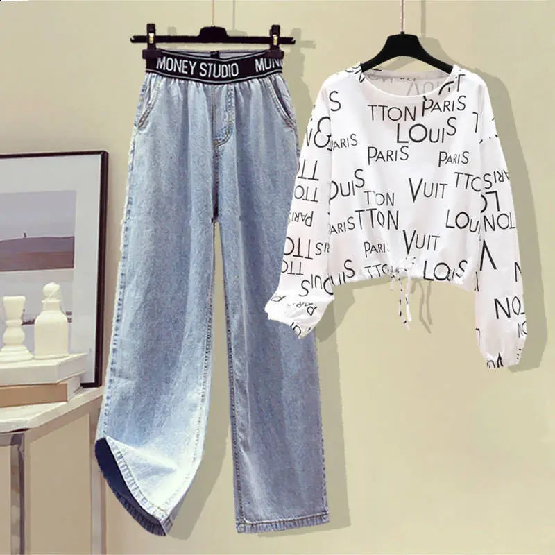 Autumn Letter Print Lace Up T-shirt High Waist and Wide Leg Jeans Two-piece Set Elegant Womens Pants Set Female Tracksuit 240812