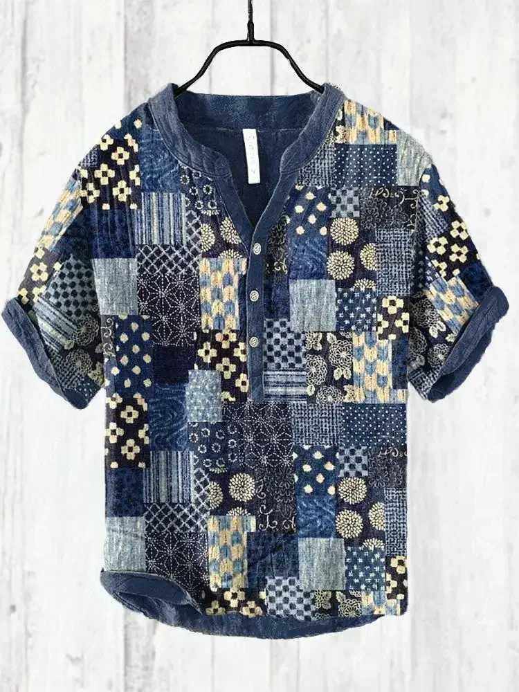 Leisure Chinese style mens 3-button cross-border direct sales ink print casual oversized shirt origin factoryXJ240812