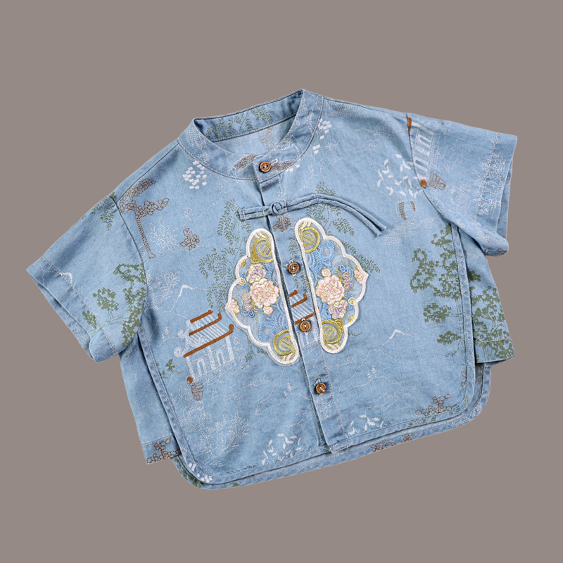 Summer children's explosive new Tencel cowboy short-sleeved suit boys and girls new Chinese Hanfu cowboy two-piece suit