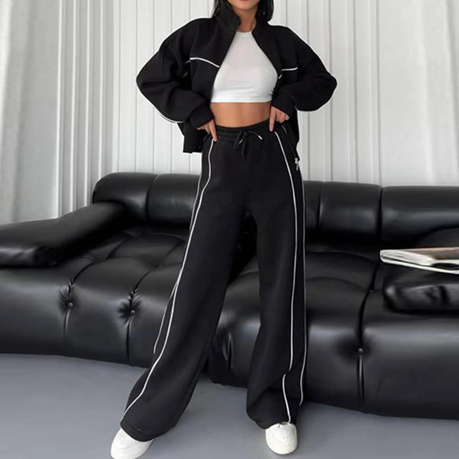 Womens Solid Color Sport Leisure Sweatshirt Casual Two Piece Suit For Autumn And Winter Dress plus Size Striped Skinny Outfit 240812