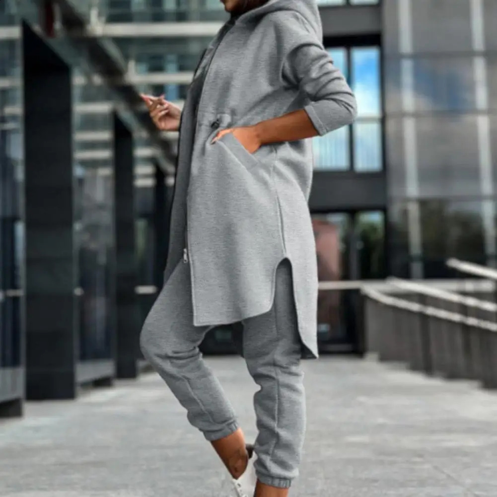 Pants Set Women Tracksuit Zipper Hooded Coat Hoodies Pant Sets Elastic Waist Trousers Straight Long Sleeve Tracksuit Sport 240812