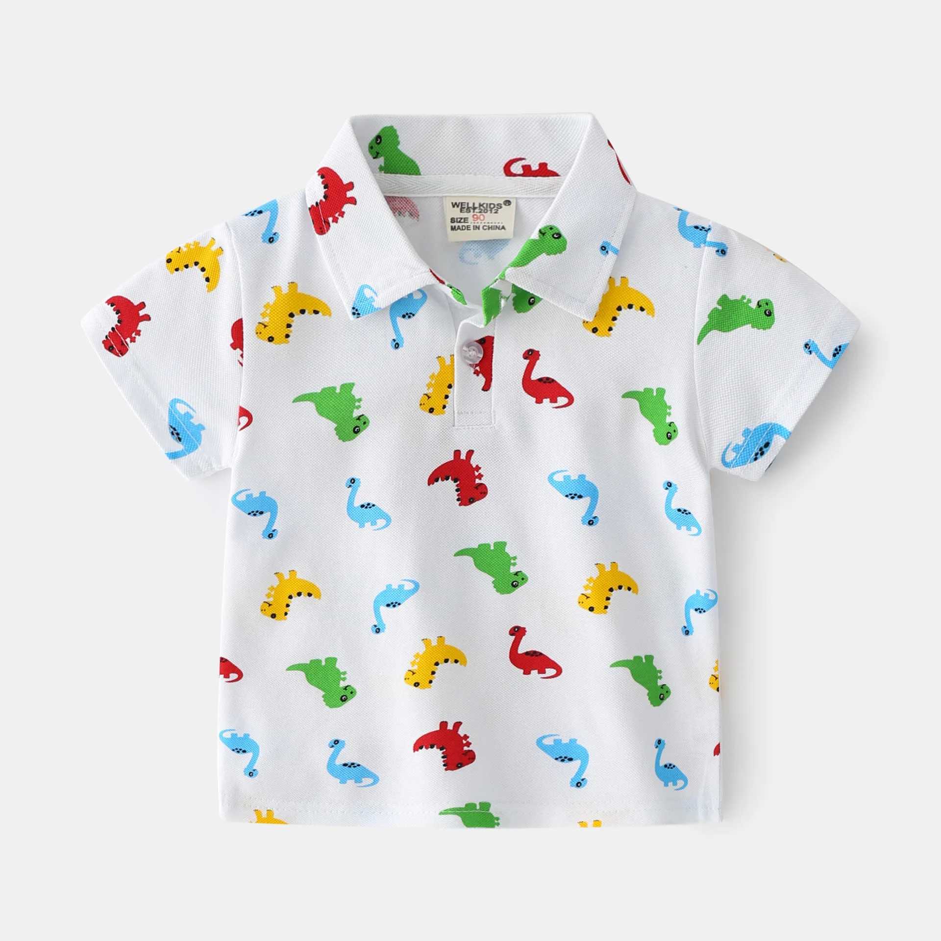 New 2021 Kids Boys Polo Shirts Fashion Dinosaur Print Short Sleeve Lapel T-Shirt Cotton Baby Boys Summer Tops ClothingXJ241225