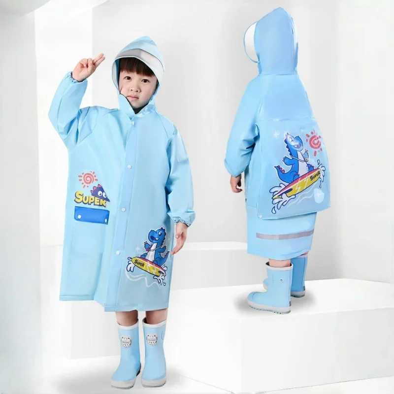 PVC Cute Kids Raincoat Waterproof Children Dinosaur Unicorn Rain Poncho Rain Coat Jacket With Backpack Position Student RainWear Y240810