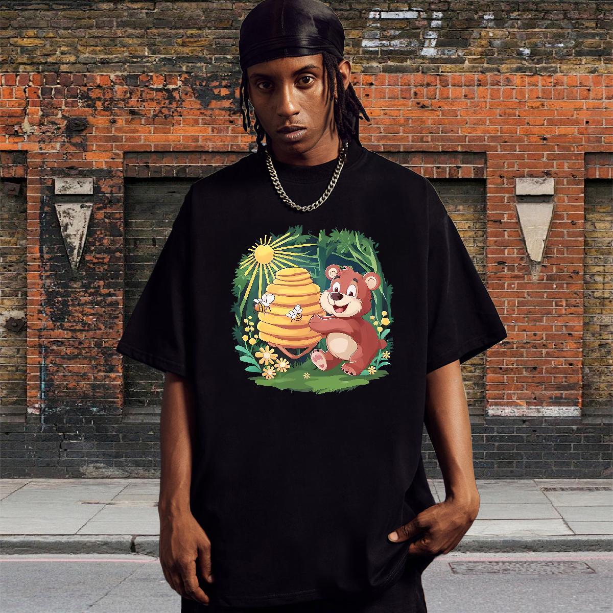 Loose T-Shirts bear Breathable Short Sleeve Street Casual Anime 230g 100% Cotton Mens Tshirts Fashion Design Clothings