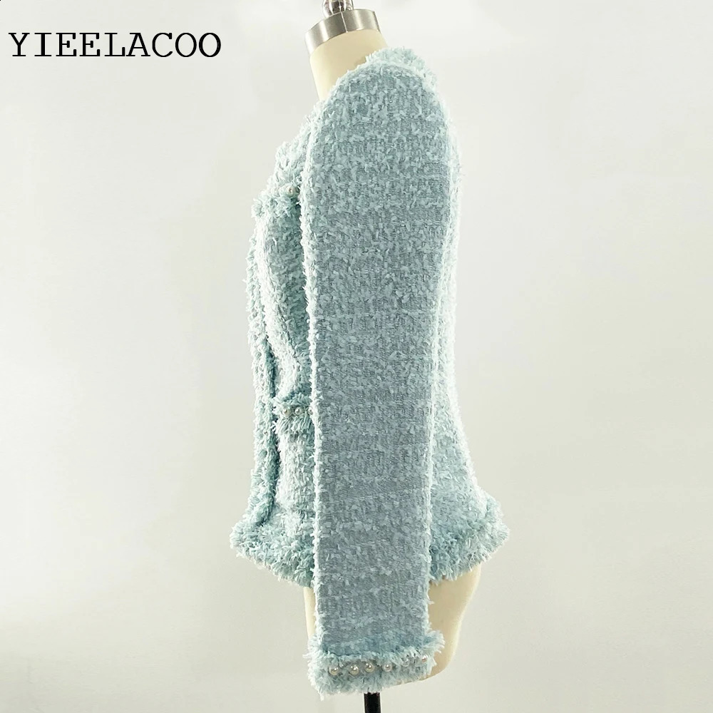 Light blue tweed jacket spring /autumn / winter jacket temperament One piece round neck coat Handmade beads womens jacket 240812