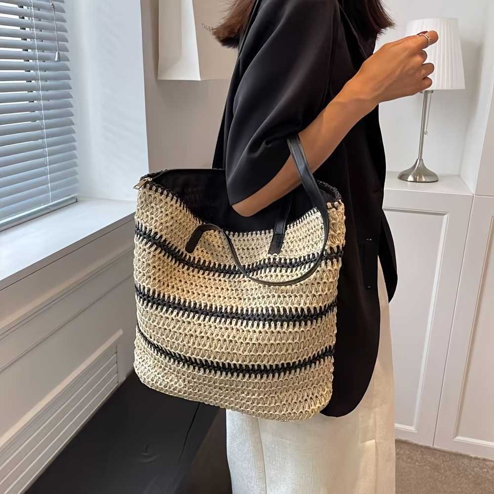 CMM Womens Classic Straw Bag Summer Beach Shoulder Bag Weaving Straw Woven Bag Tote Foreskin Shoulder Strap Handmade Woven Bag